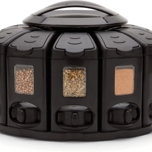 Auto-Measure Spice Carousel Organizer with 12 Containers, Rotating Black Seasoning Rack